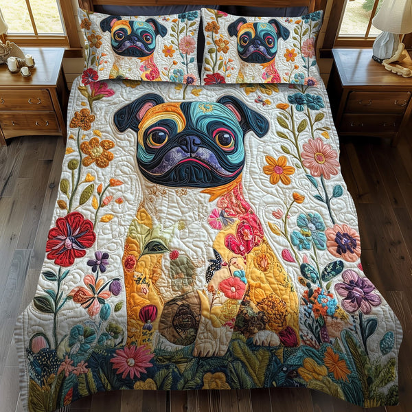 Charming Pug quilted 3-piece bedding set on a made bed with two matching pillow shams
