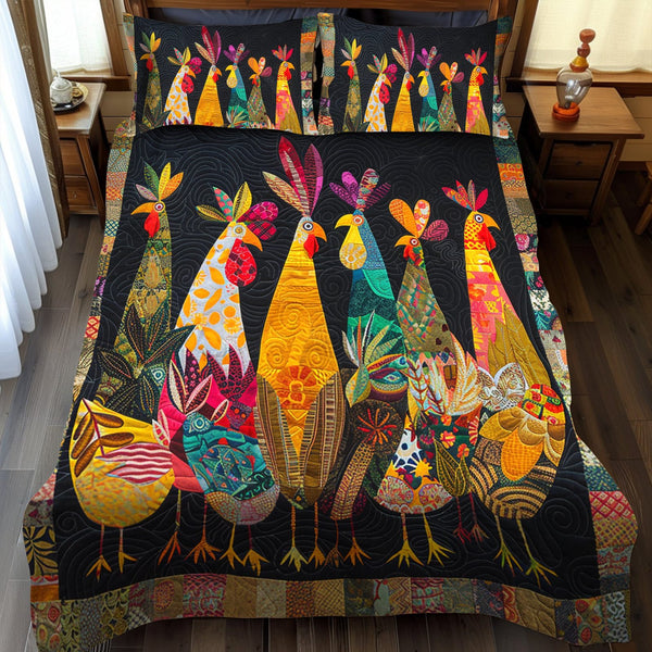 Charming Rooster quilted 3-piece bedding set on a made bed with two matching pillow shams