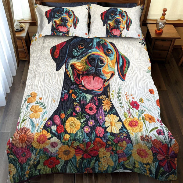 Charming Smiling Labrador quilted 3-piece bedding set on a made bed with two matching pillow shams