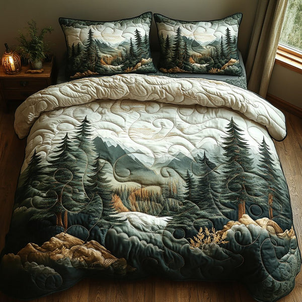 Charming Winter Forest quilted 3-piece bedding set on a made bed in a winter-styled bedroom