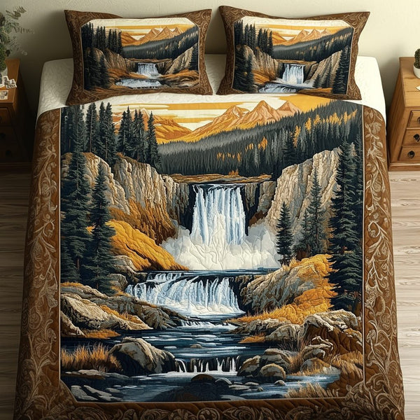 Charming Yellowstone quilted 3-piece bedding set on a made bed with two matching pillow shams