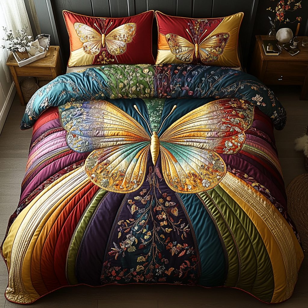 Chasing Butterflies quilted 3-piece bedding set on a made bed with two matching pillow shams