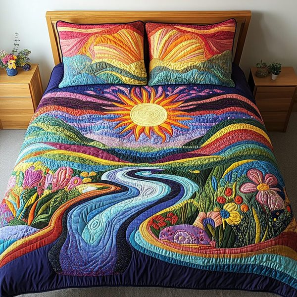 Chasing Sunlight quilted 3-piece bedding set on a made bed with two matching pillow shams