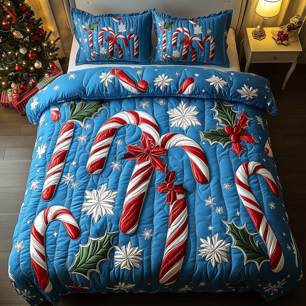Cheerful Candy Cane quilted 3-piece bedding set on a made bed with two matching pillow shams