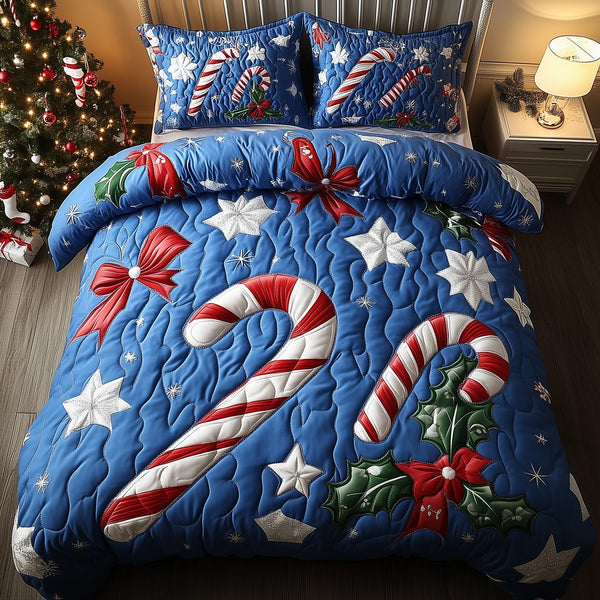 Cheerful Candy Cane quilted 3-piece bedding set on a made bed with two matching pillow shams