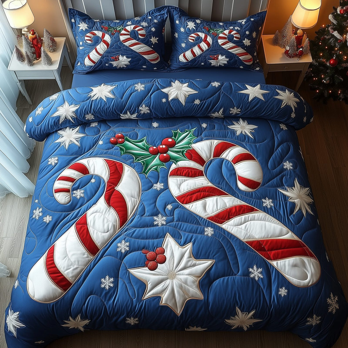 Cheerful Candy Cane quilted 3-piece bedding set on a made bed with two matching pillow shams