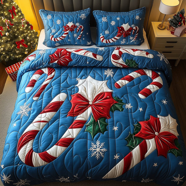 Cheerful Candy Cane quilted 3-piece bedding set on a made bed with two matching pillow shams