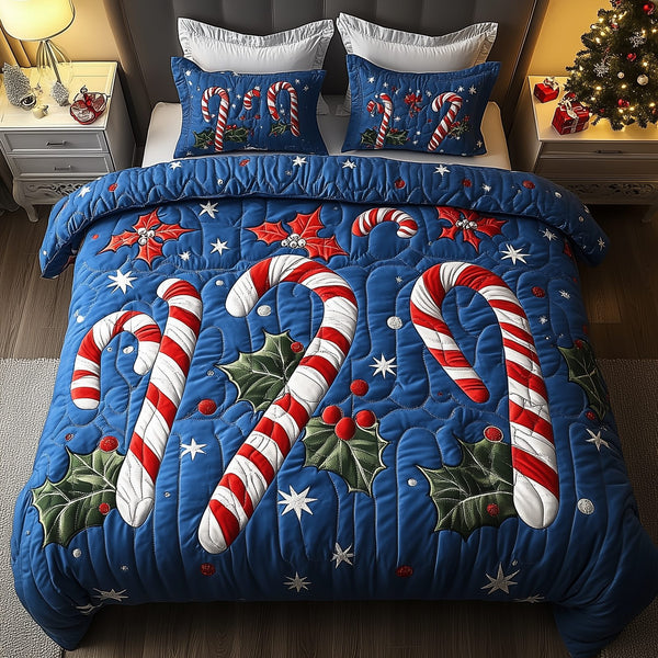 Cheerful Candy Cane quilted 3-piece bedding set on a made bed with two matching pillow shams