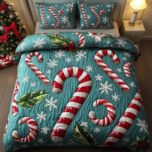 Cheerful Candy Cane quilted 3-piece bedding set on a made bed with two matching pillow shams