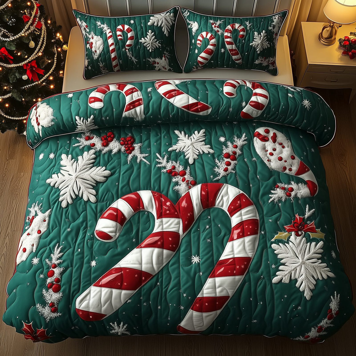 Cheerful Candy Cane quilted 3-piece bedding set on a made bed with two matching pillow shams
