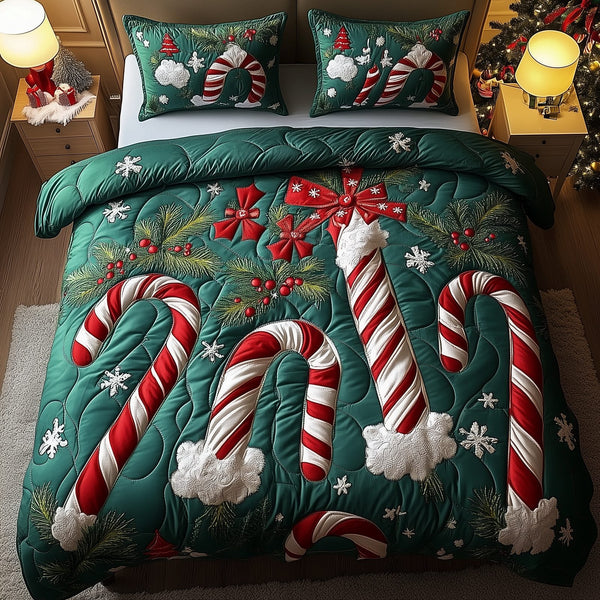 Cheerful Candy Cane quilted 3-piece bedding set on a made bed with two matching pillow shams