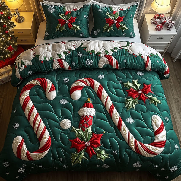 Cheerful Candy Cane quilted 3-piece bedding set on a made bed with two matching pillow shams