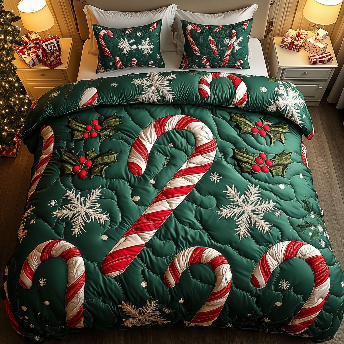 Cheerful Candy Cane quilted 3-piece bedding set on a made bed with two matching pillow shams