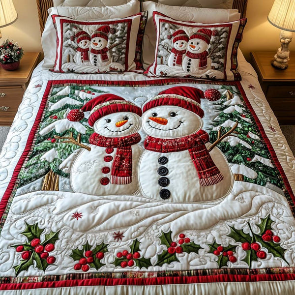 Cheerful Companions quilted 3-piece bedding set on a made bed with two matching pillow shams