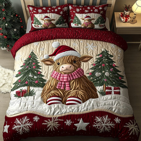 Cheerful Cow quilted 3-piece bedding set on a made bed with two matching pillow shams