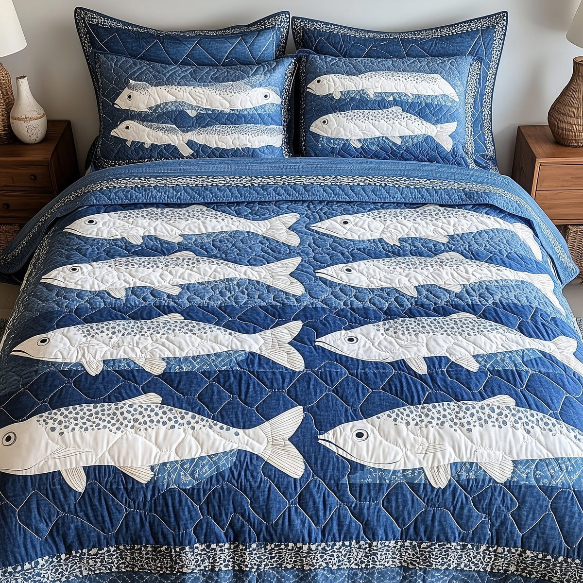 Cheerful Fishes quilted 3-piece bedding set on a made bed with two matching pillow shams