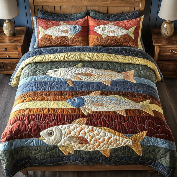 Cheerful Fishes quilted 3-piece bedding set on a made bed with two matching pillow shams