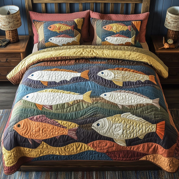 Cheerful Fishes quilted 3-piece bedding set on a made bed with two matching pillow shams