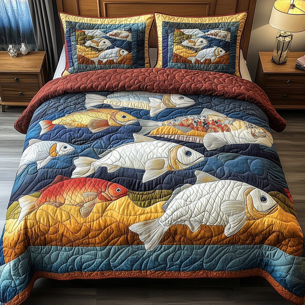 Cheerful Fishes quilted 3-piece bedding set on a made bed with two matching pillow shams
