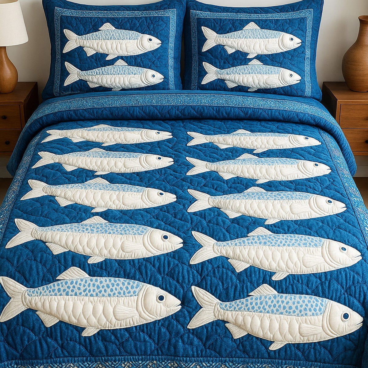 Cheerful Fishes quilted 3-piece bedding set on a made bed with two matching pillow shams