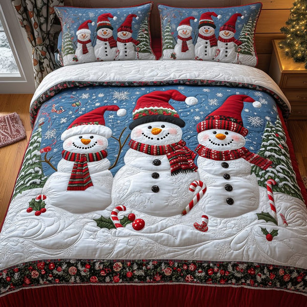 Cheerful Frost quilted 3-piece bedding set on a made bed in a winter-styled bedroom