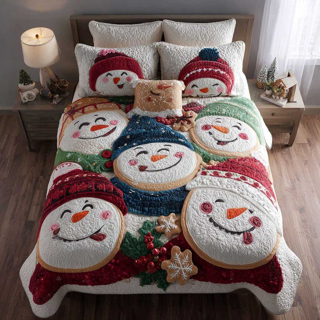 Cheerful Frost quilted 3-piece bedding set on a made bed in a winter-styled bedroom