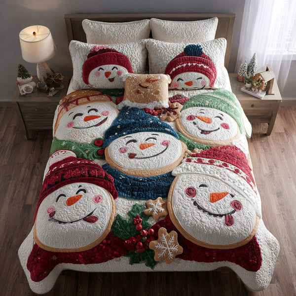 Cheerful Frost quilted 3-piece bedding set on a made bed in a winter-styled bedroom
