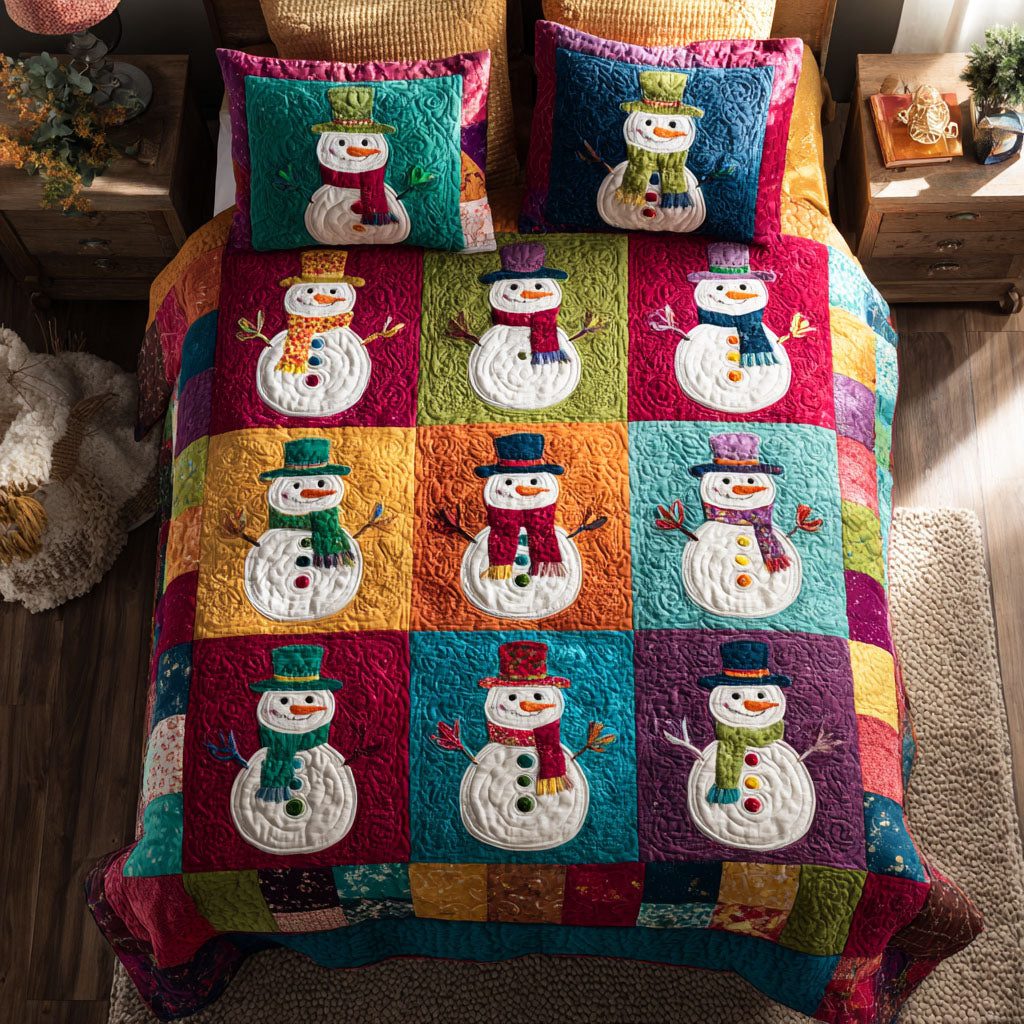 Cheerful Frost quilted 3-piece bedding set on a made bed in a winter-styled bedroom