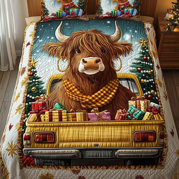 Cheerful Gift Ride quilted 3-piece bedding set on a made bed with two matching pillow shams