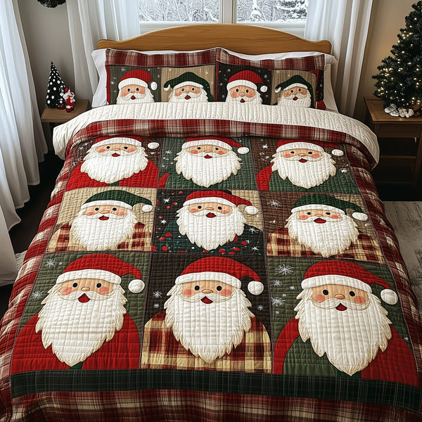 Cheerful Santa quilted 3-piece bedding set on a made bed in a winter-styled bedroom
