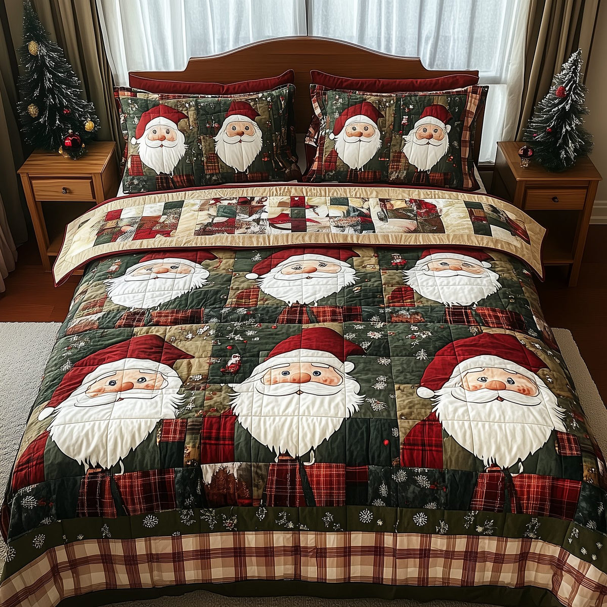 Cheerful Santa quilted 3-piece bedding set on a made bed in a winter-styled bedroom