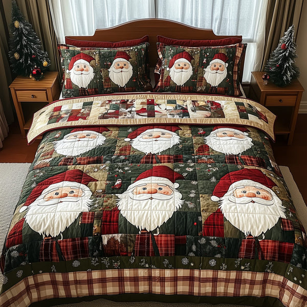 Cheerful Santa quilted 3-piece bedding set on a made bed in a winter-styled bedroom