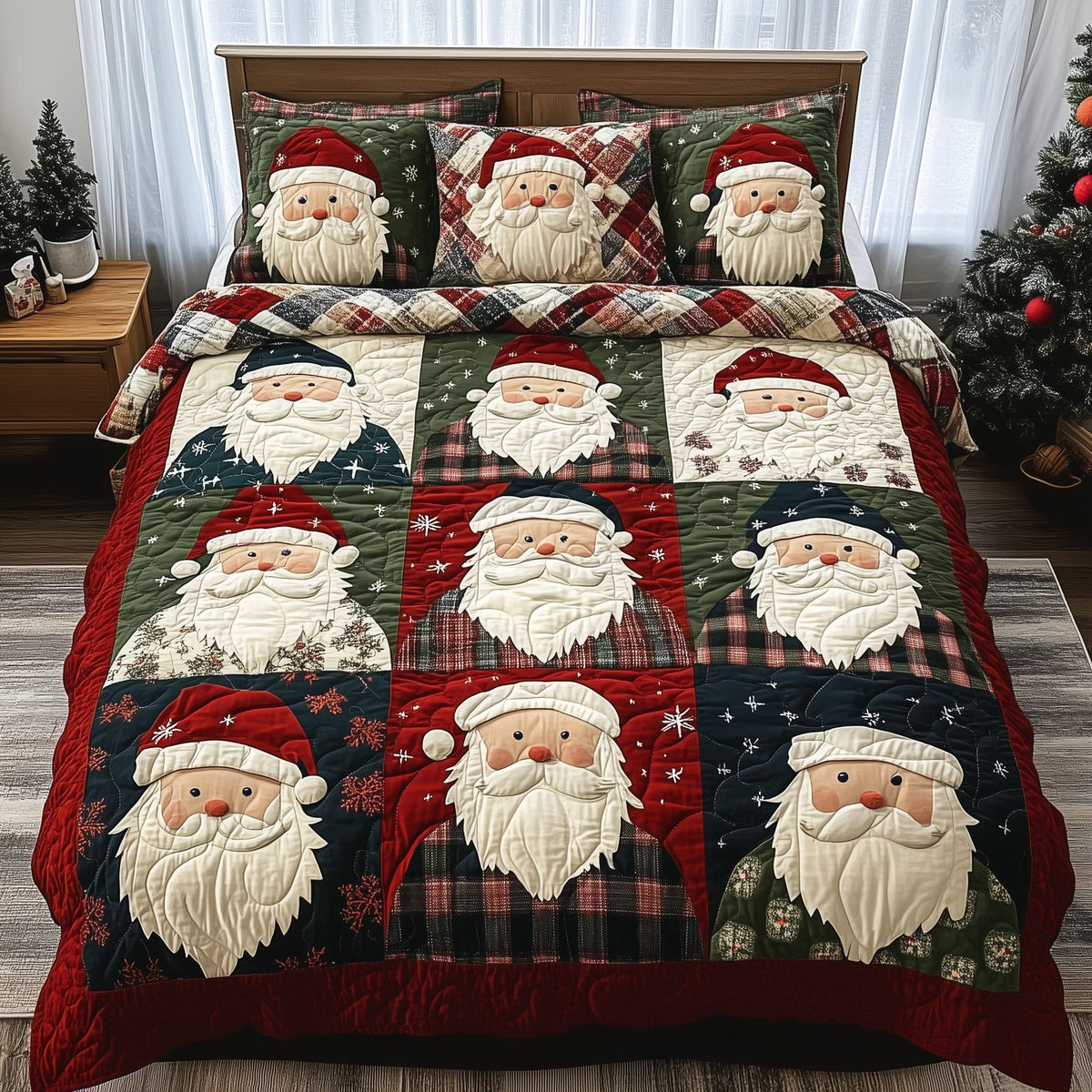 Cheerful Santa quilted 3-piece bedding set on a made bed in a winter-styled bedroom