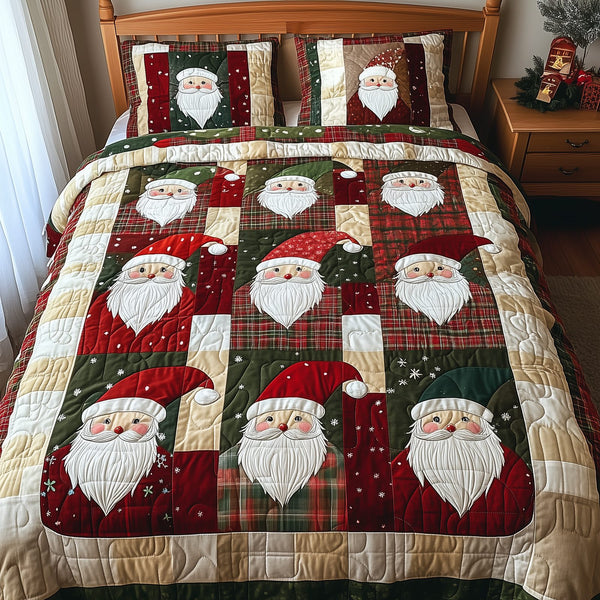 Cheerful Santa quilted 3-piece bedding set on a made bed in a winter-styled bedroom