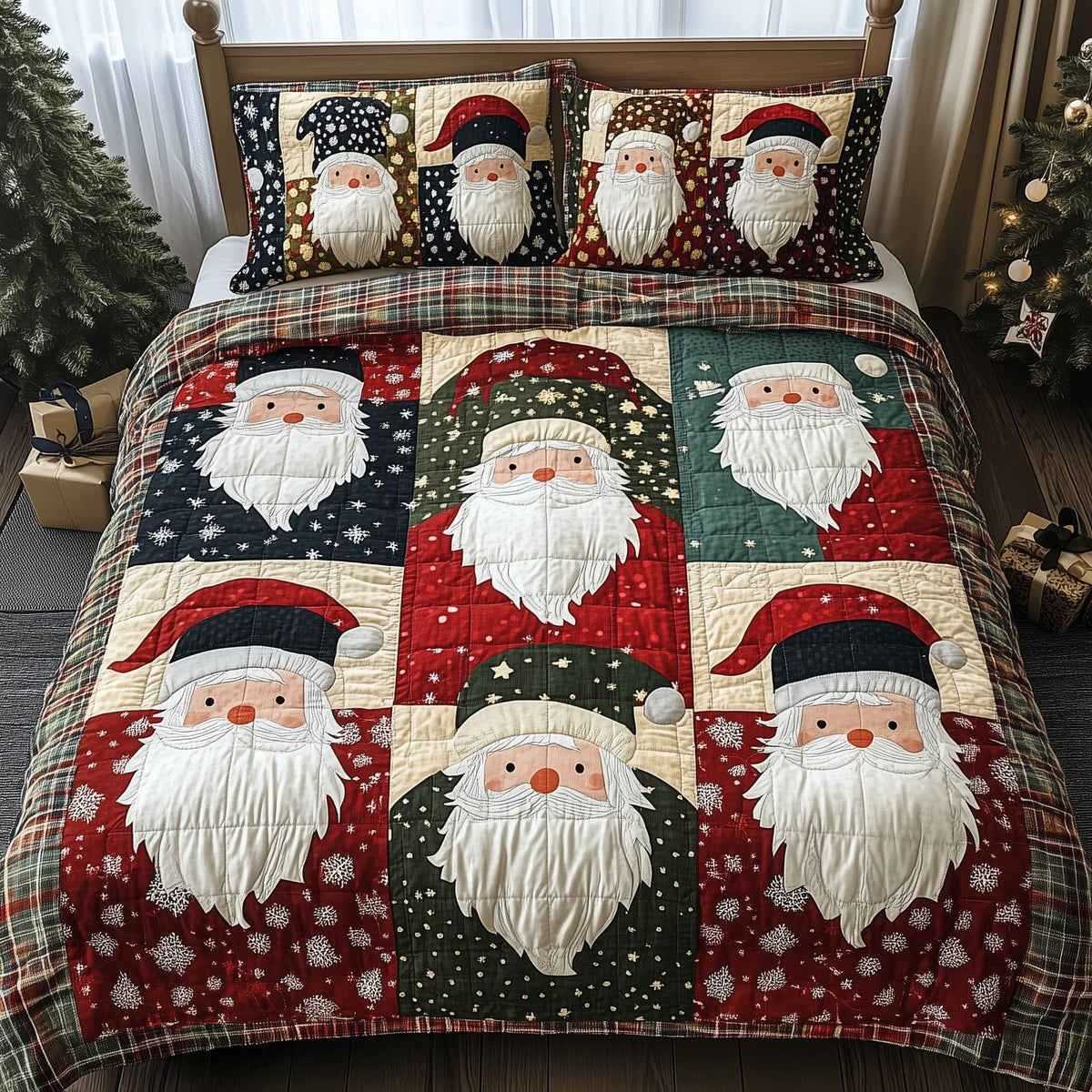 Cheerful Santa quilted 3-piece bedding set on a made bed in a winter-styled bedroom