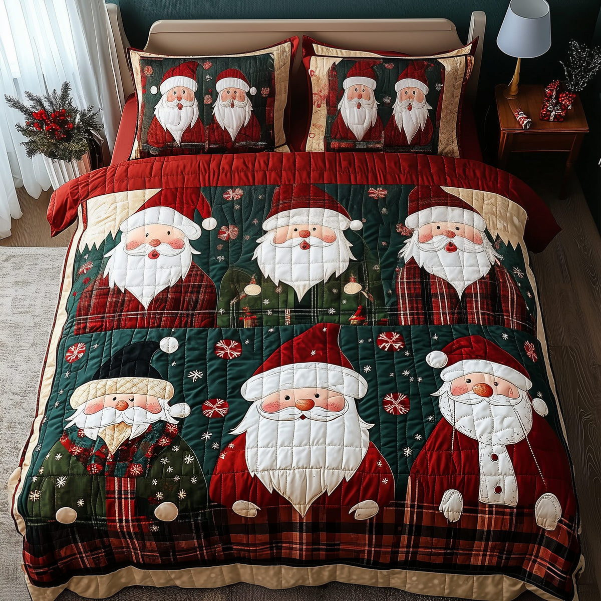 Cheerful Santa quilted 3-piece bedding set on a made bed in a winter-styled bedroom