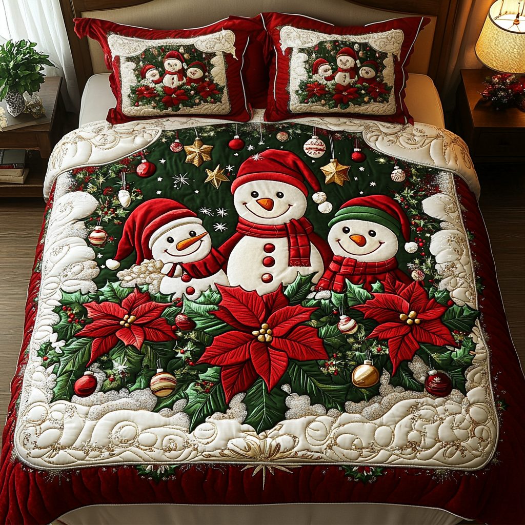 Cheerful Snow quilted 3-piece bedding set on a made bed with two matching pillow shams