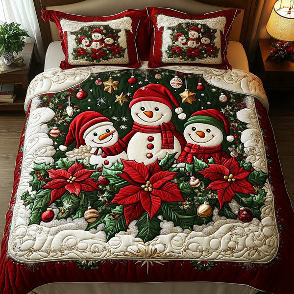 Cheerful Snow quilted 3-piece bedding set on a made bed with two matching pillow shams
