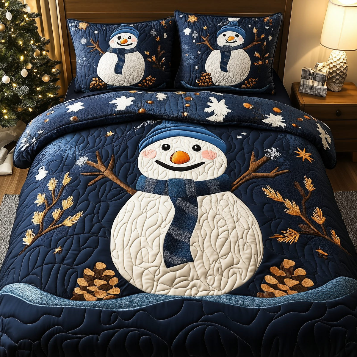 Cheerful Snowman quilted 3-piece bedding set on a made bed in a winter-styled bedroom