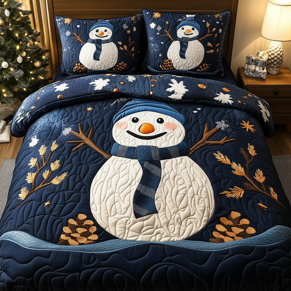 Cheerful Snowman quilted 3-piece bedding set on a made bed in a winter-styled bedroom
