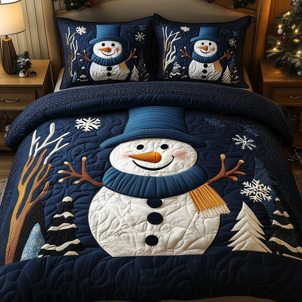 Cheerful Snowman quilted 3-piece bedding set on a made bed in a winter-styled bedroom