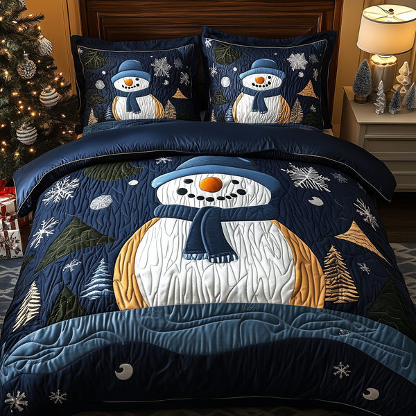 Cheerful Snowman quilted 3-piece bedding set on a made bed in a winter-styled bedroom