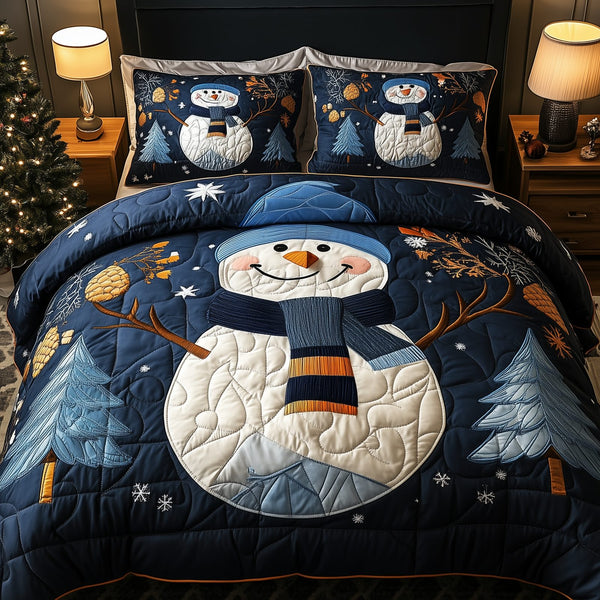 Cheerful Snowman quilted 3-piece bedding set on a made bed in a winter-styled bedroom