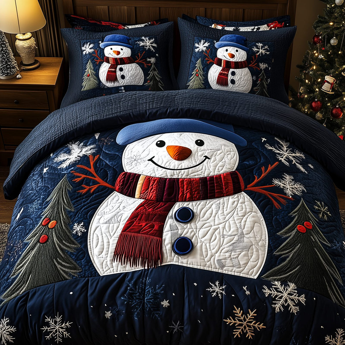 Cheerful Snowman quilted 3-piece bedding set on a made bed in a winter-styled bedroom