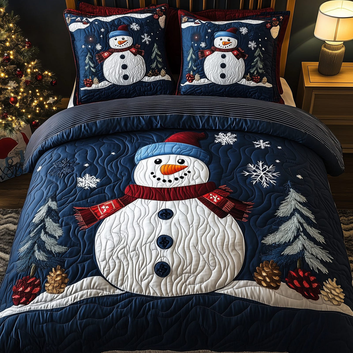 Cheerful Snowman quilted 3-piece bedding set on a made bed in a winter-styled bedroom