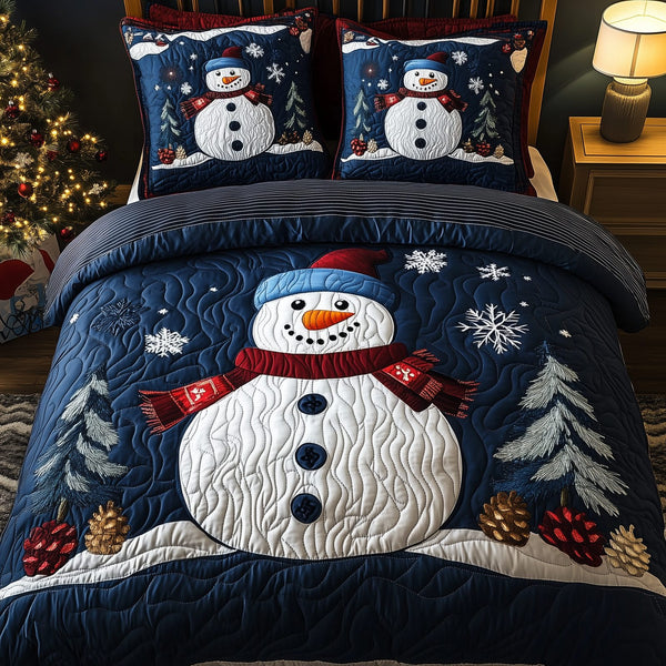 Cheerful Snowman quilted 3-piece bedding set on a made bed in a winter-styled bedroom