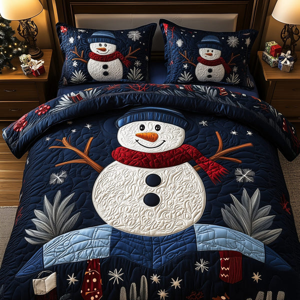 Cheerful Snowman quilted 3-piece bedding set on a made bed in a winter-styled bedroom