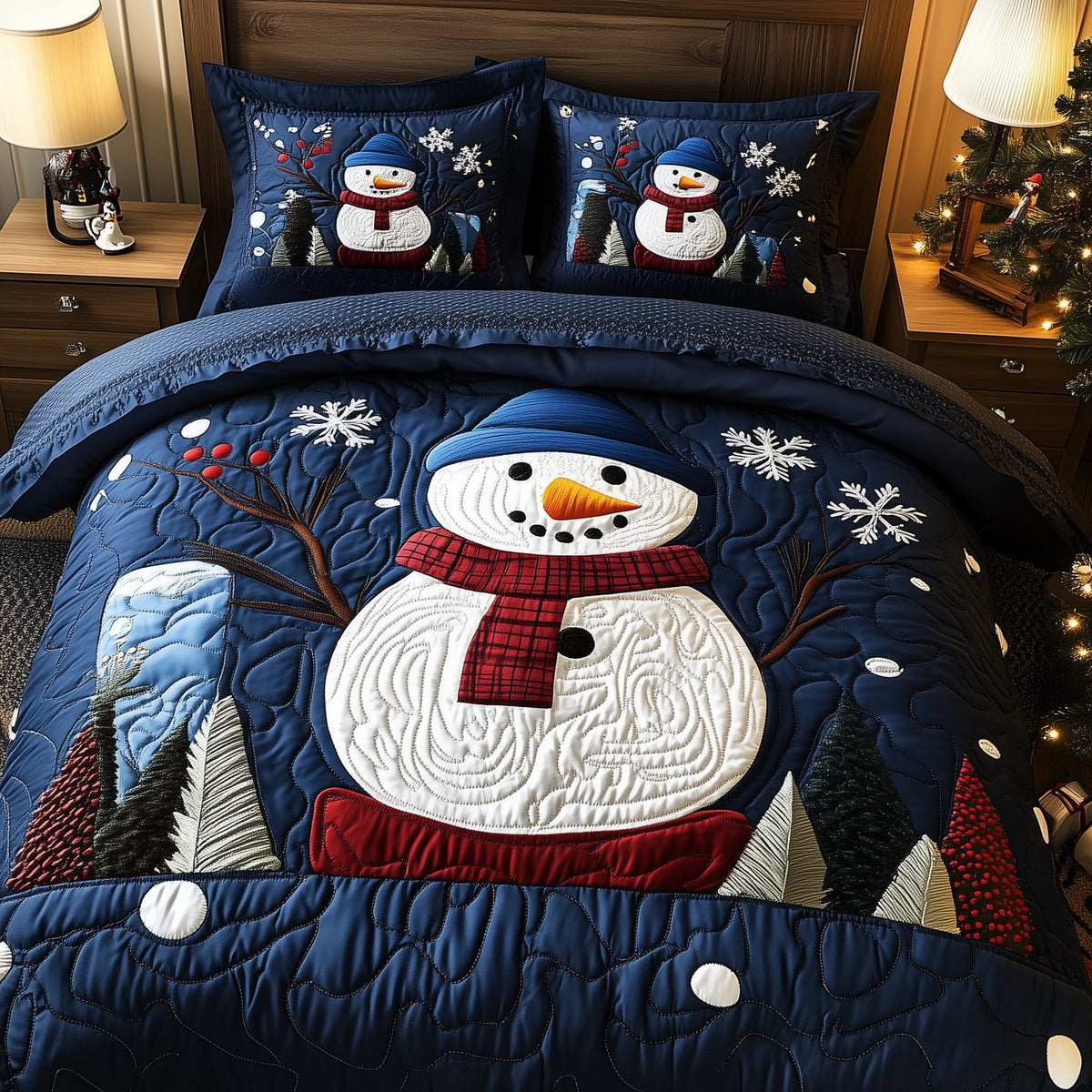 Cheerful Snowman quilted 3-piece bedding set on a made bed in a winter-styled bedroom