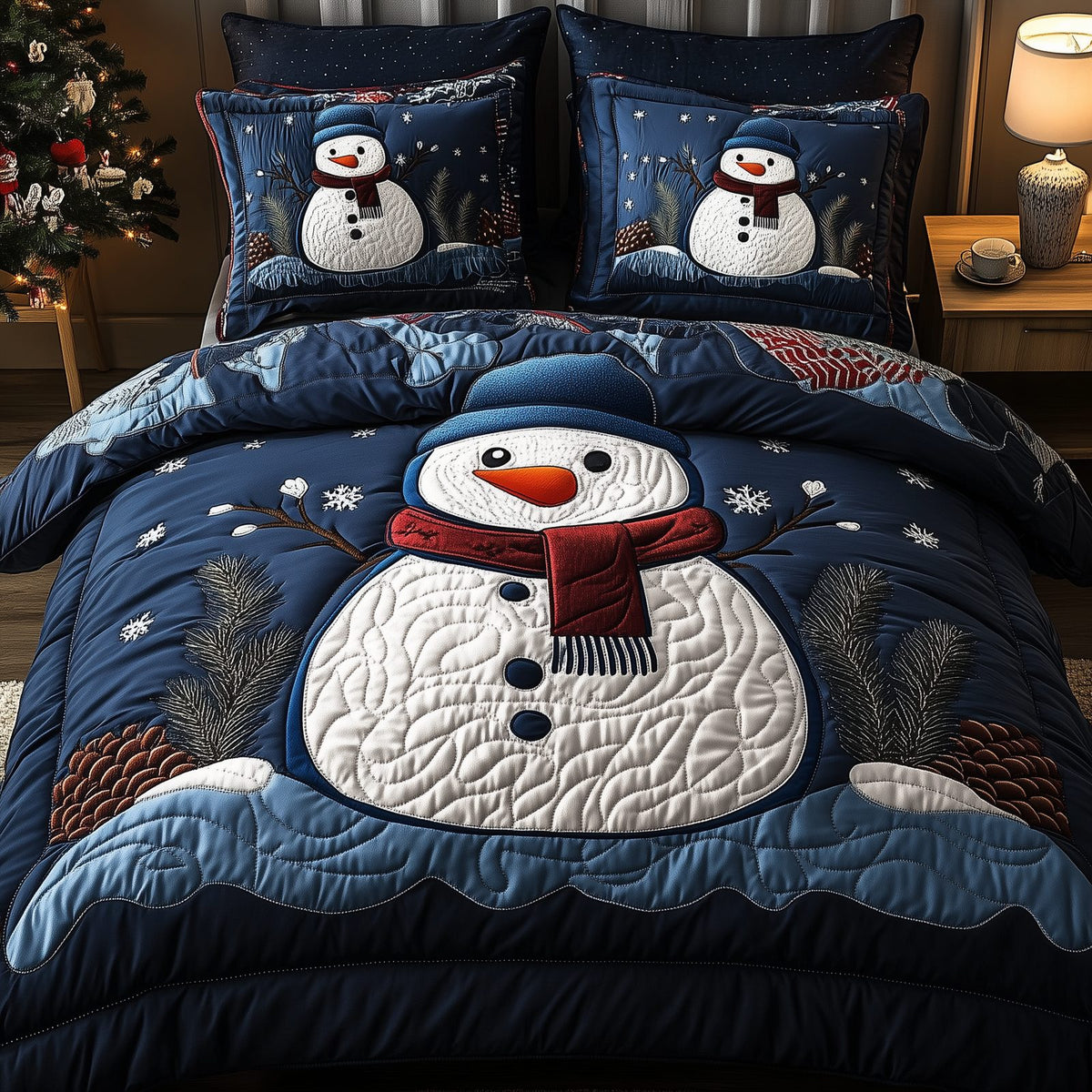 Cheerful Snowman quilted 3-piece bedding set on a made bed in a winter-styled bedroom