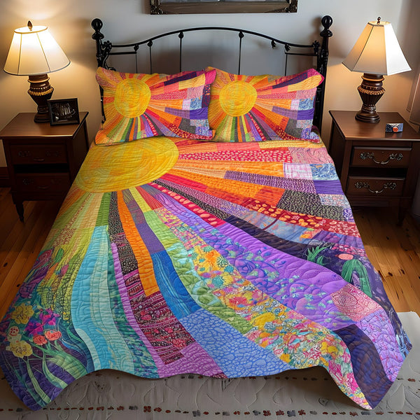 Cheerful Sunshine quilted 3-piece bedding set on a made bed with two matching pillow shams